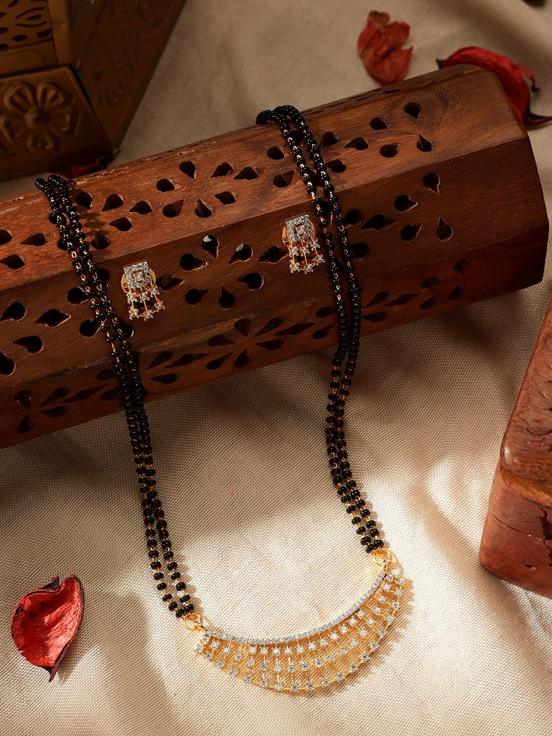 

AARSHVI Rhodium-Plated American Diamonds and Beaded Mangalsutra, Gold