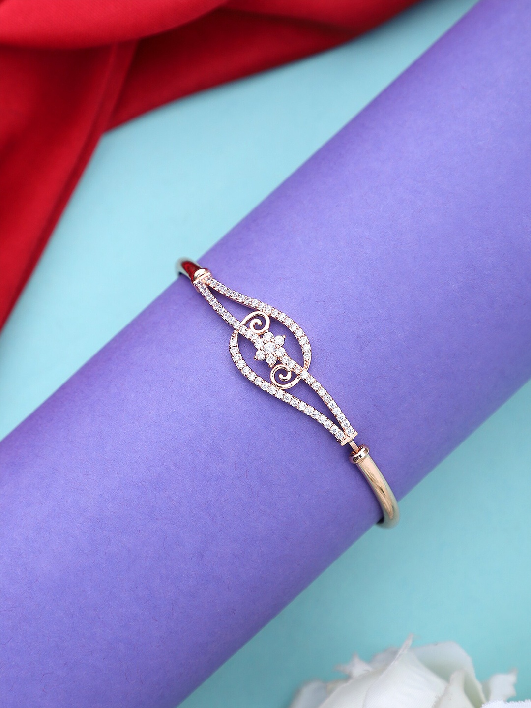 

AARSHVI Rose Gold-Plated American Diamond & CZ-Studded Adjustable Bangle-Style Bracelet