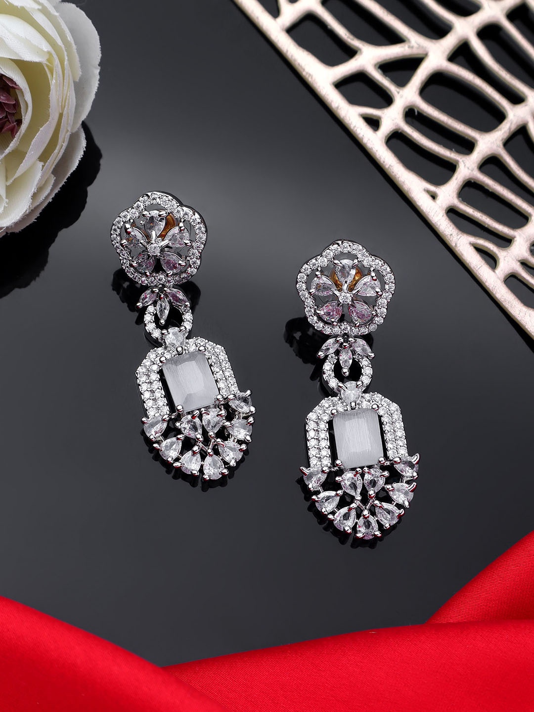 

AARSHVI American Diamond Studded Drop Earrings, Silver