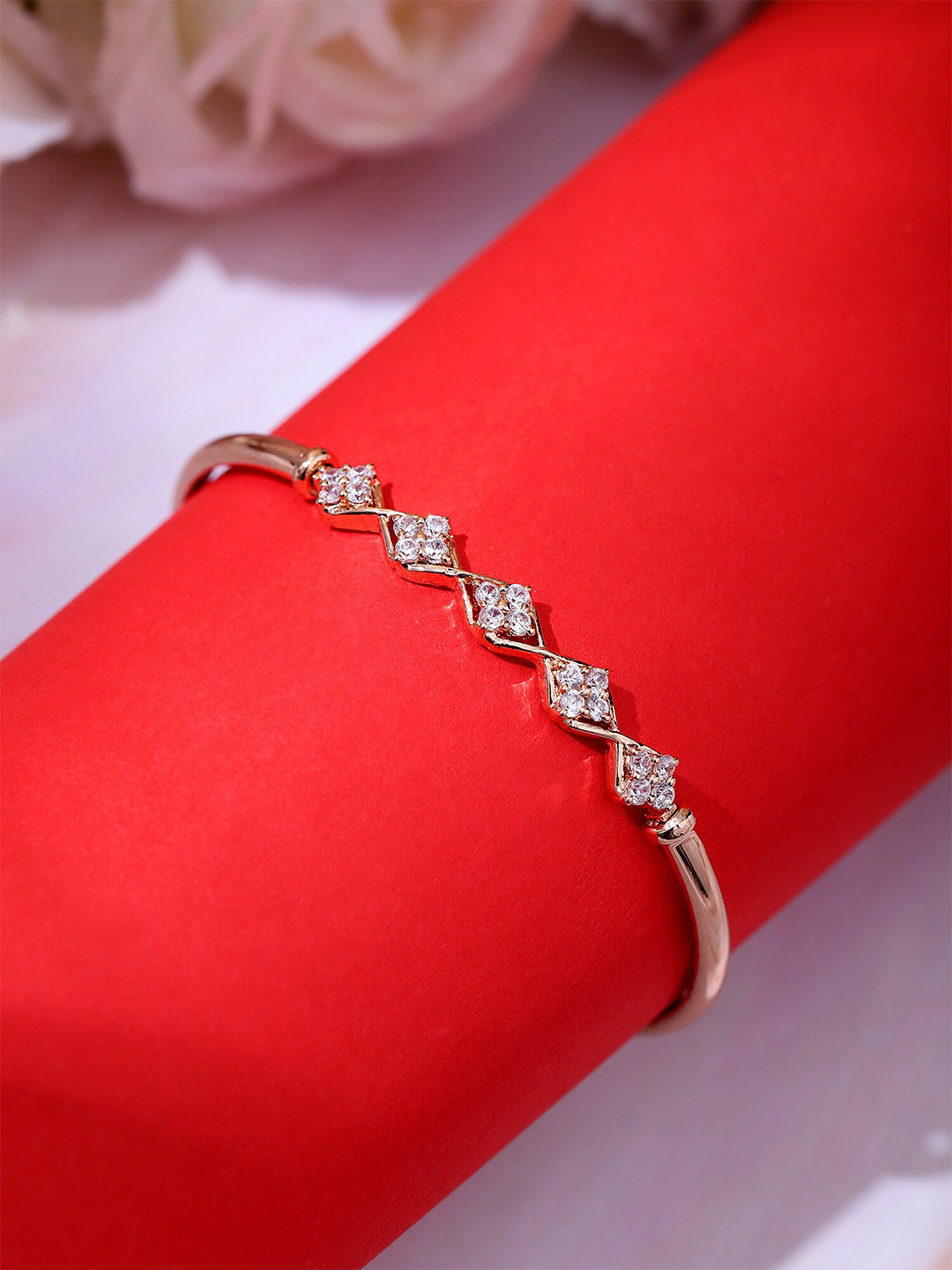 

AARSHVI Rose Gold-Plated Brass Cubic Zirconia-Studded Bangle-Style Bracelet