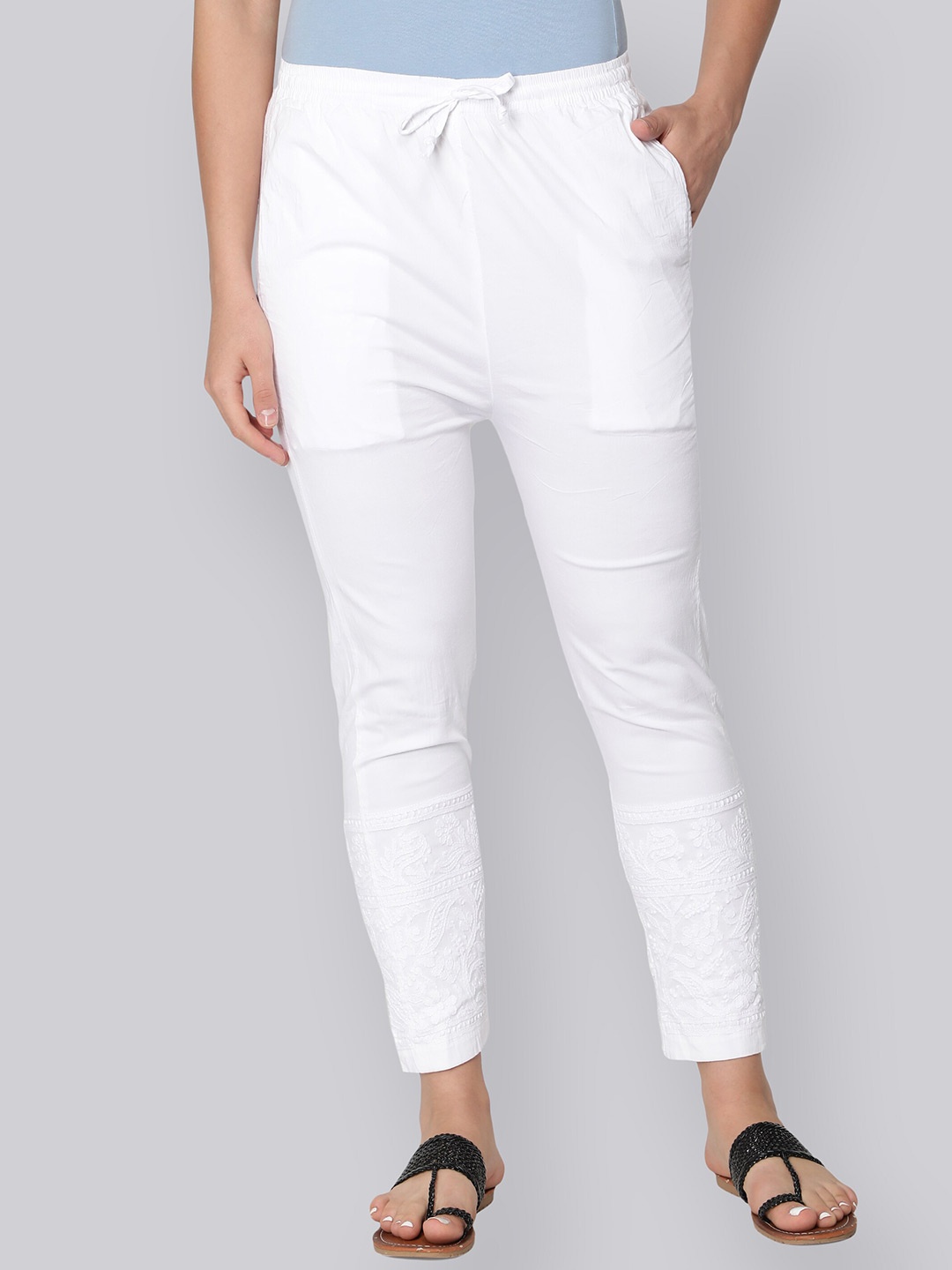 

Seva Chikan Women Lucknowi Chikankari Embroidered Skinny Fit Ethnic Cigarette Trousers, White