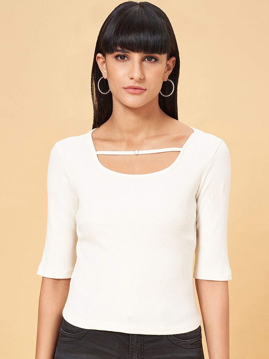 

SF JEANS by Pantaloons Round Neck Short Sleeves Top, Cream
