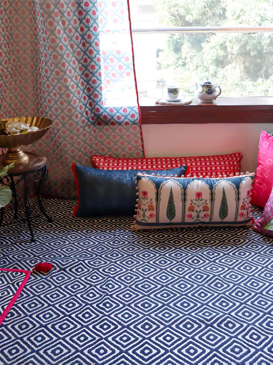 

design station Blue & White Embroidered Floor Dhurrie