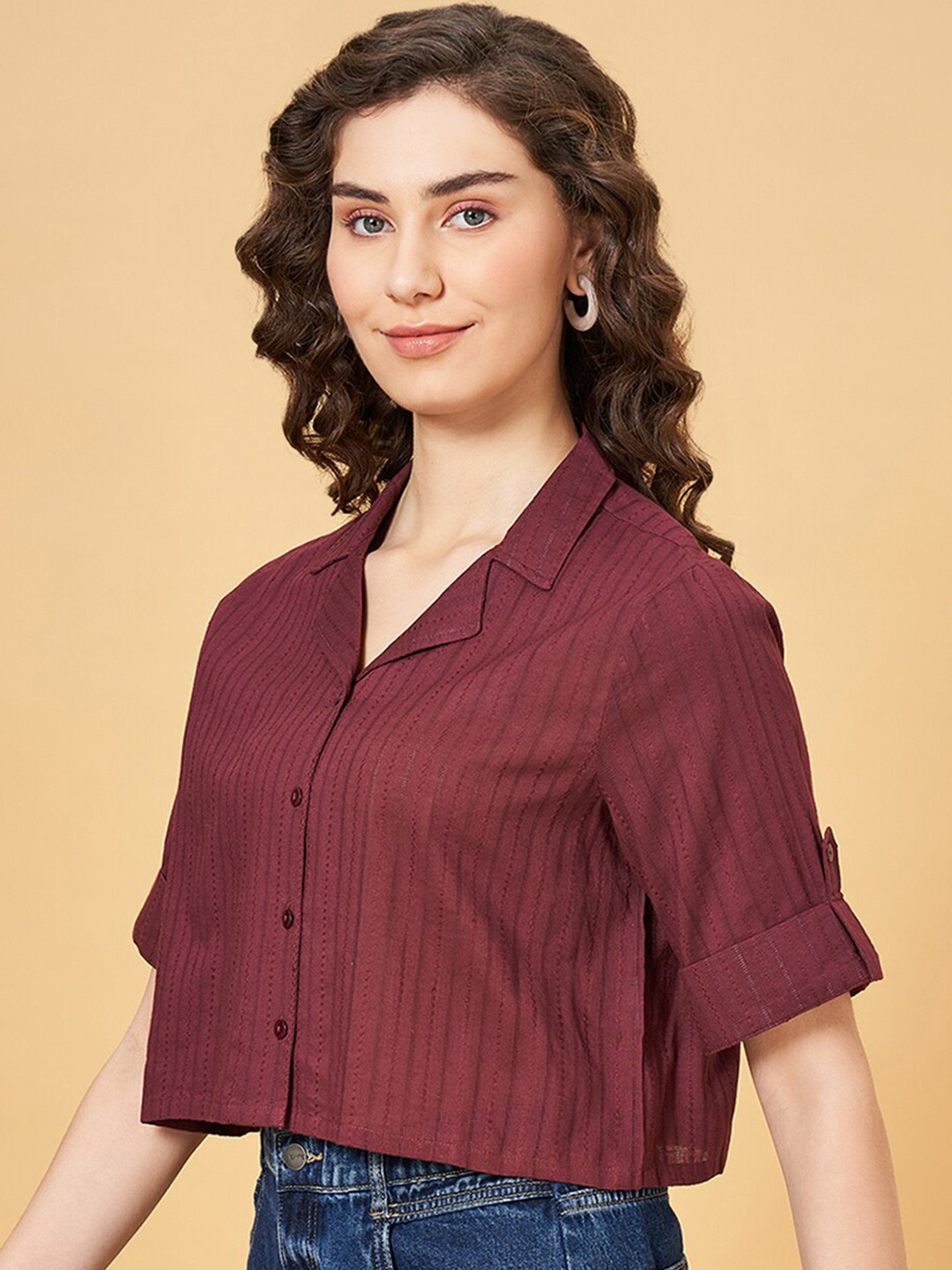 

YU by Pantaloons Vertical Striped Pure Cuban Collar Cotton Crop Casual Shirt, Burgundy