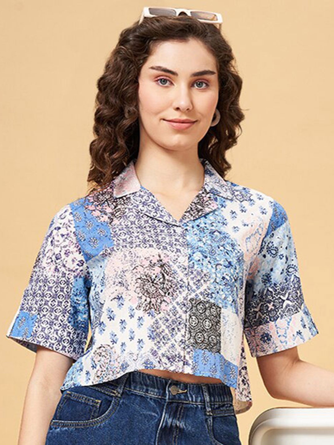 

YU by Pantaloons Ethnic Printed Cuban Collar Pure Cotton Casual Crop Shirt, Blue