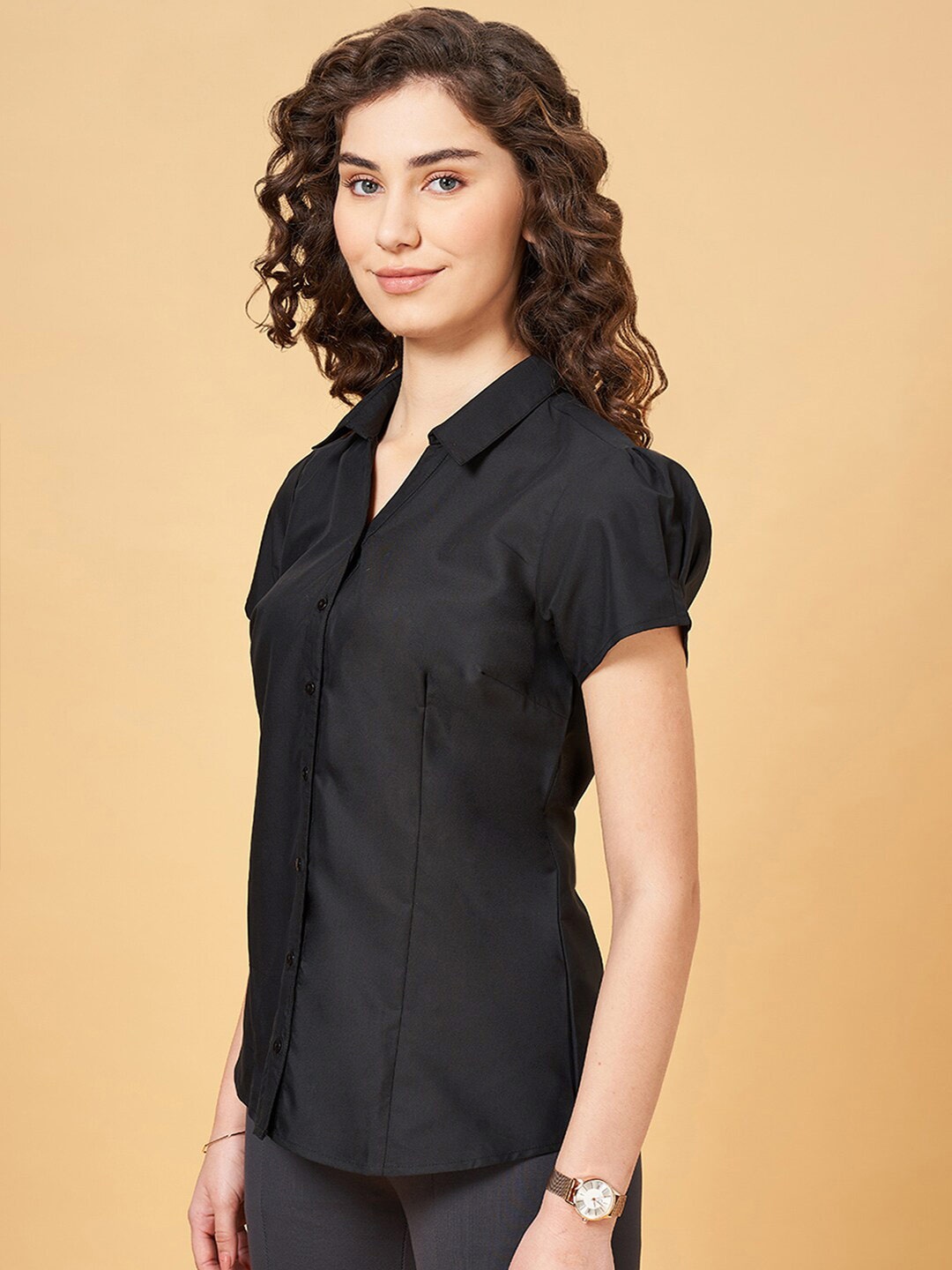 

YU by Pantaloons Shirt Collar Puff Sleeve Shirt Style Top, Black