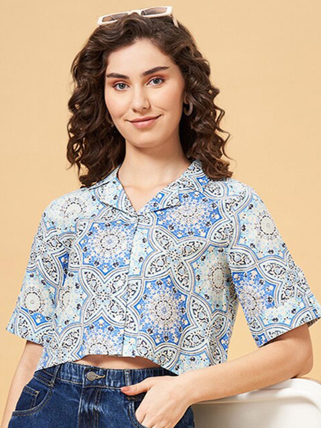 

YU by Pantaloons Ethnic Motifs Printed Cuban Collar Pure Cotton Shirt, Blue