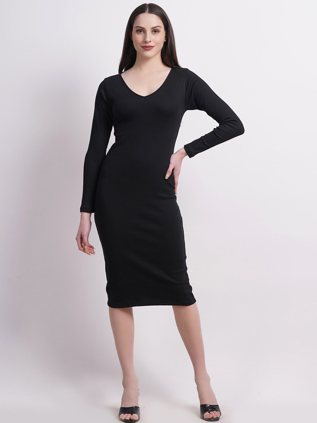 

SIGHTBOMB V-Neck Cotton Bodycon Dress, Black