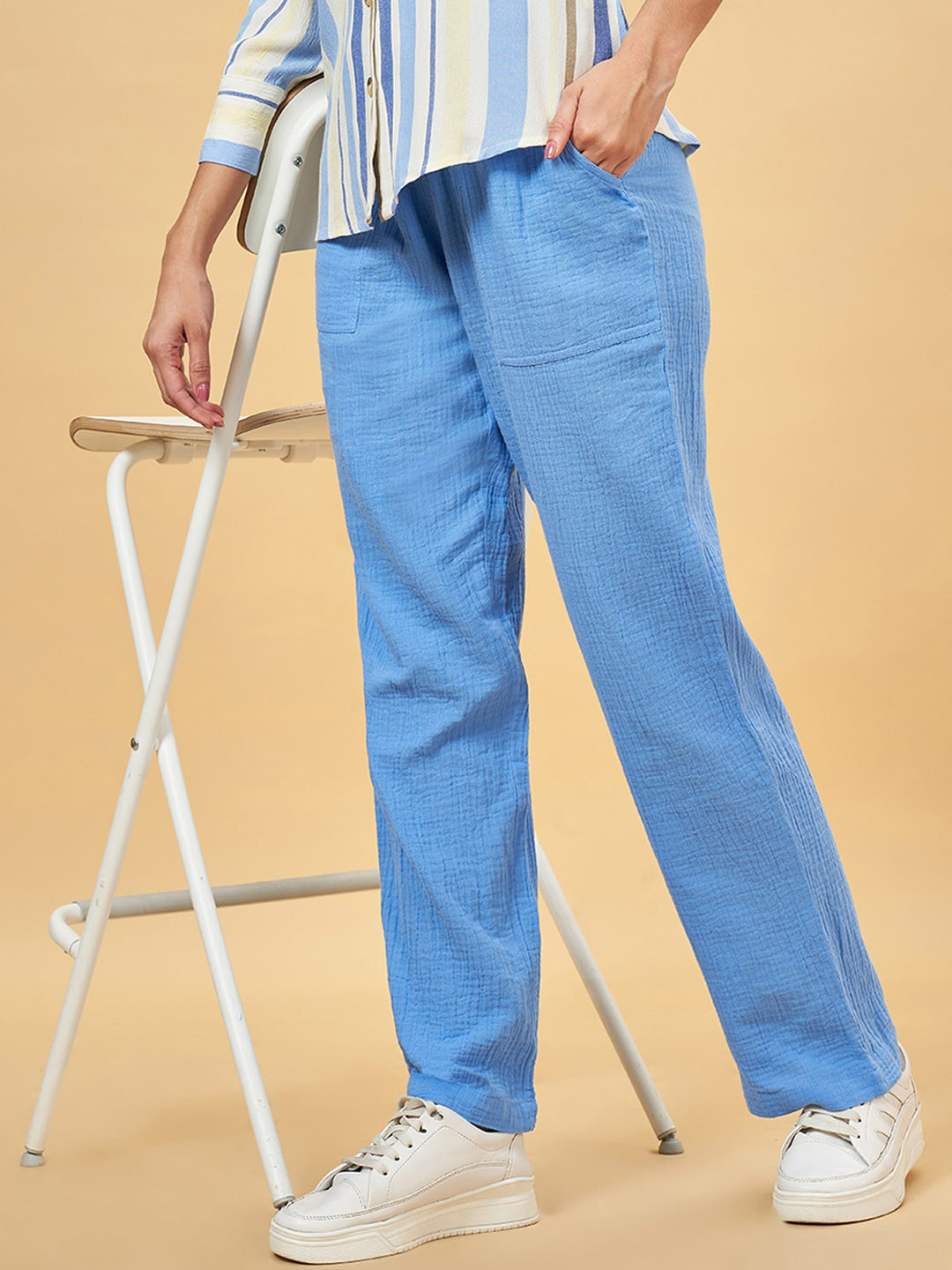 

Honey by Pantaloons Women High-Rise Pure Cotton Trouser, Blue