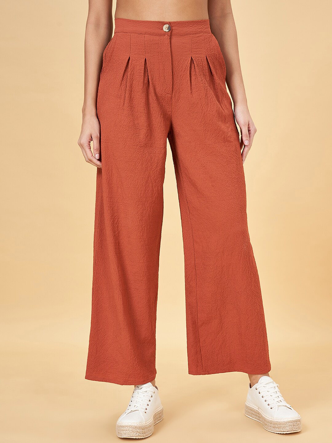 

People Women Self Design Flared Parallel Trousers, Orange