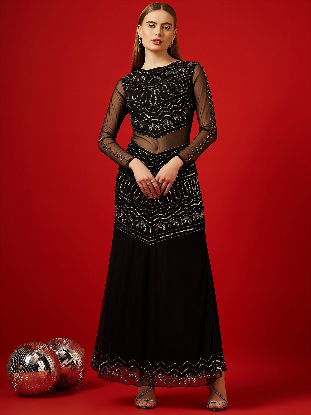 

STREET 9 Embellished Sequinned Long Sleeves Net Maxi Dress, Black