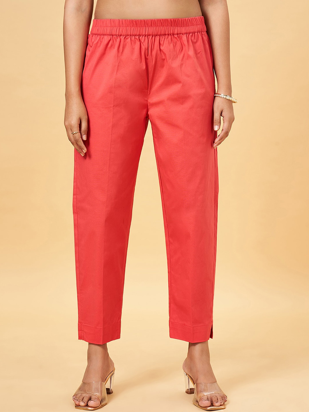 

RANGMANCH BY PANTALOONS Women Mid-Rise Cotton Cigarette Trousers, Coral