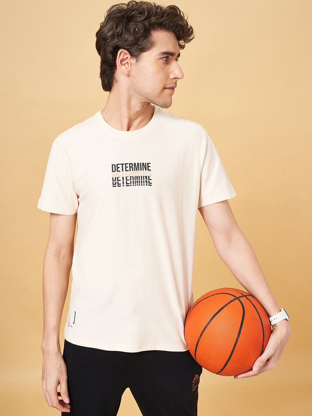 

Ajile by Pantaloons Typography Printed Cotton Slim Fit T-shirt, Beige