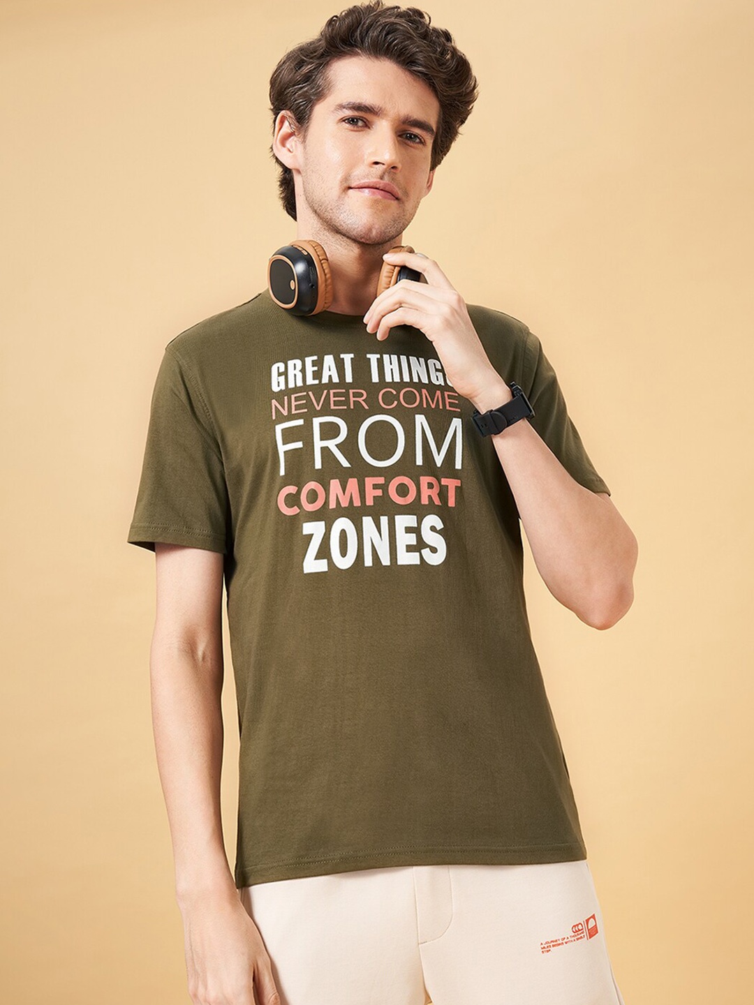 

Ajile by Pantaloons Typography Printed Cotton Slim Fit T-shirt, Olive
