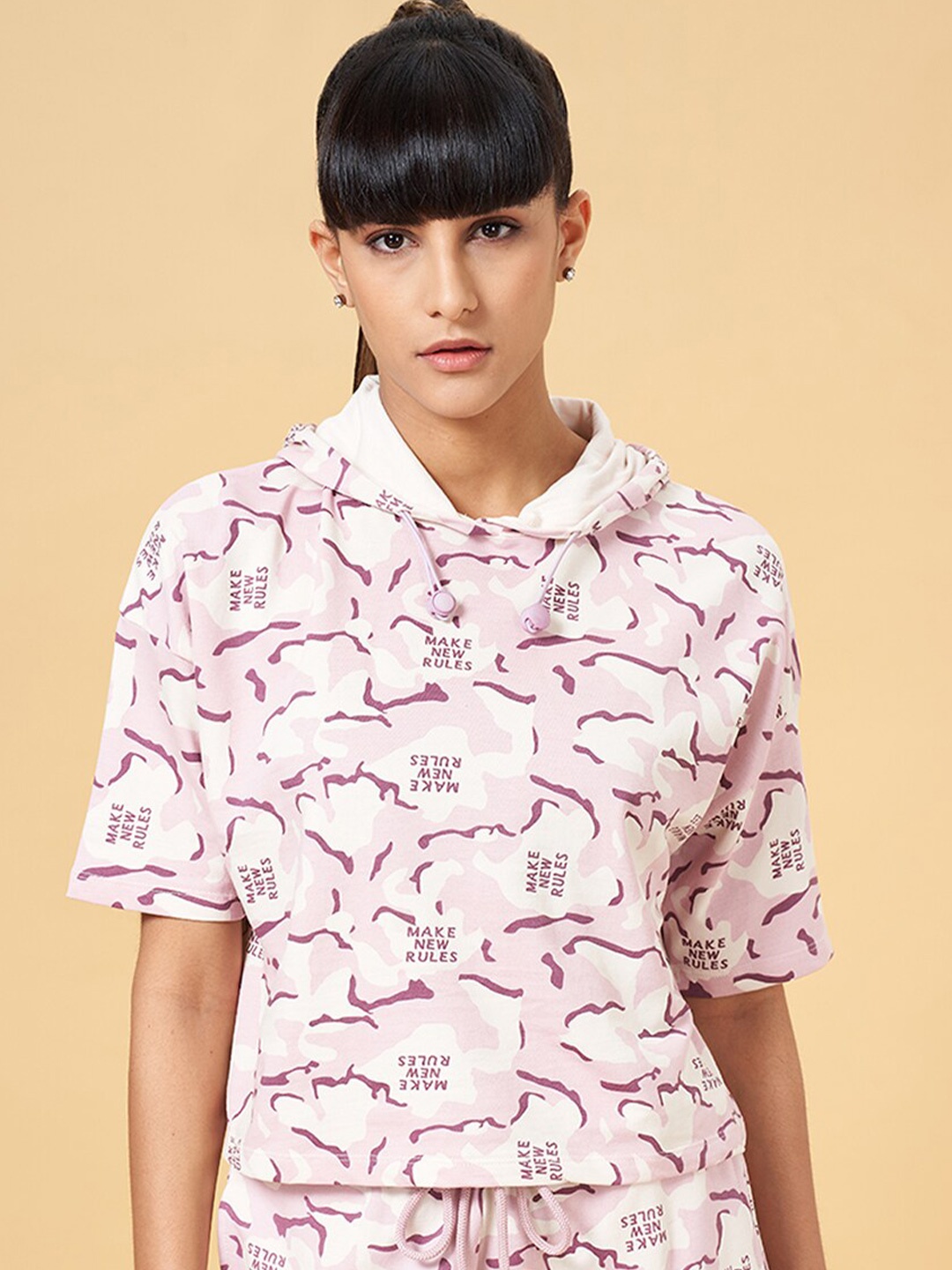 

Ajile by Pantaloons Typography Printed Hooded Cotton Oversized T-shirt, Off white