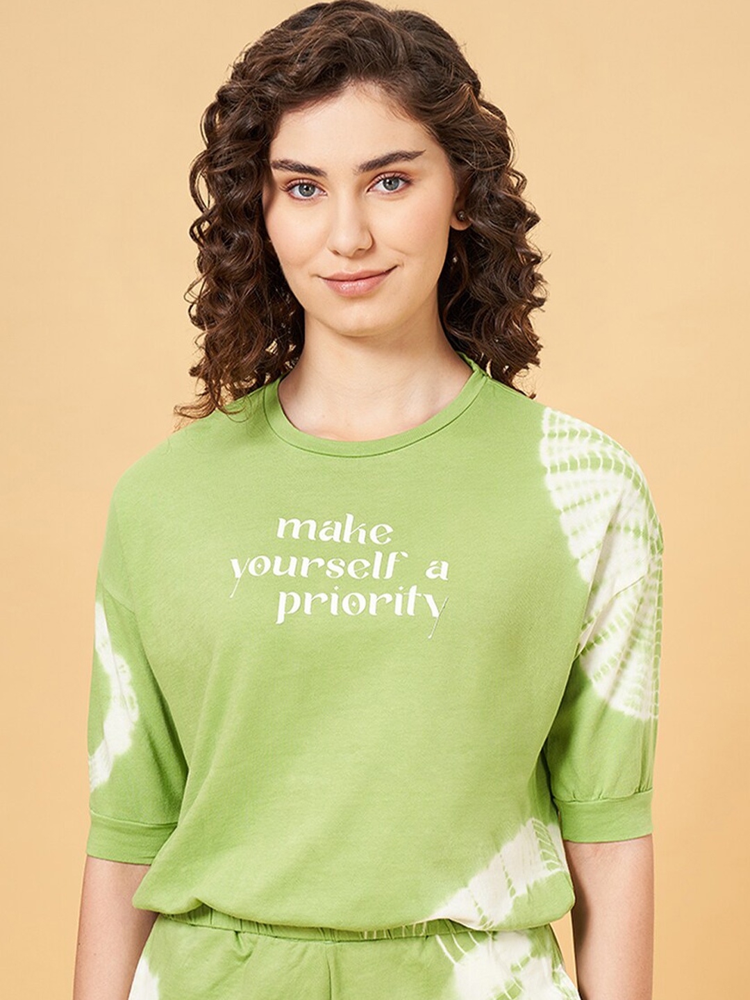 

Ajile by Pantaloons Typography Printed Cotton Oversized T-shirt, Green