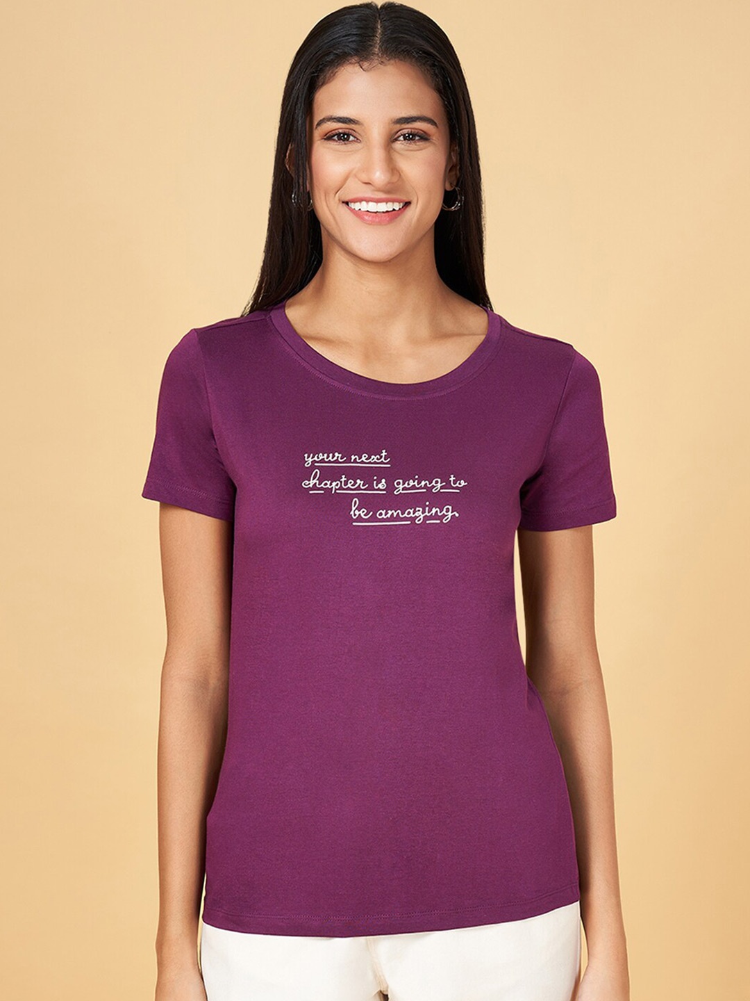 

Honey by Pantaloons Typography Printed Short Sleeves Cotton T-shirt, Purple