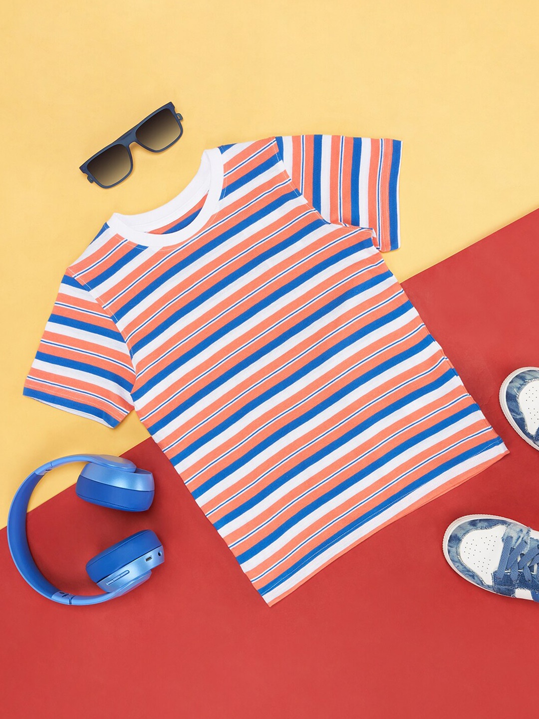 

Pantaloons Junior Boys Striped Cotton T-shirt, Peach