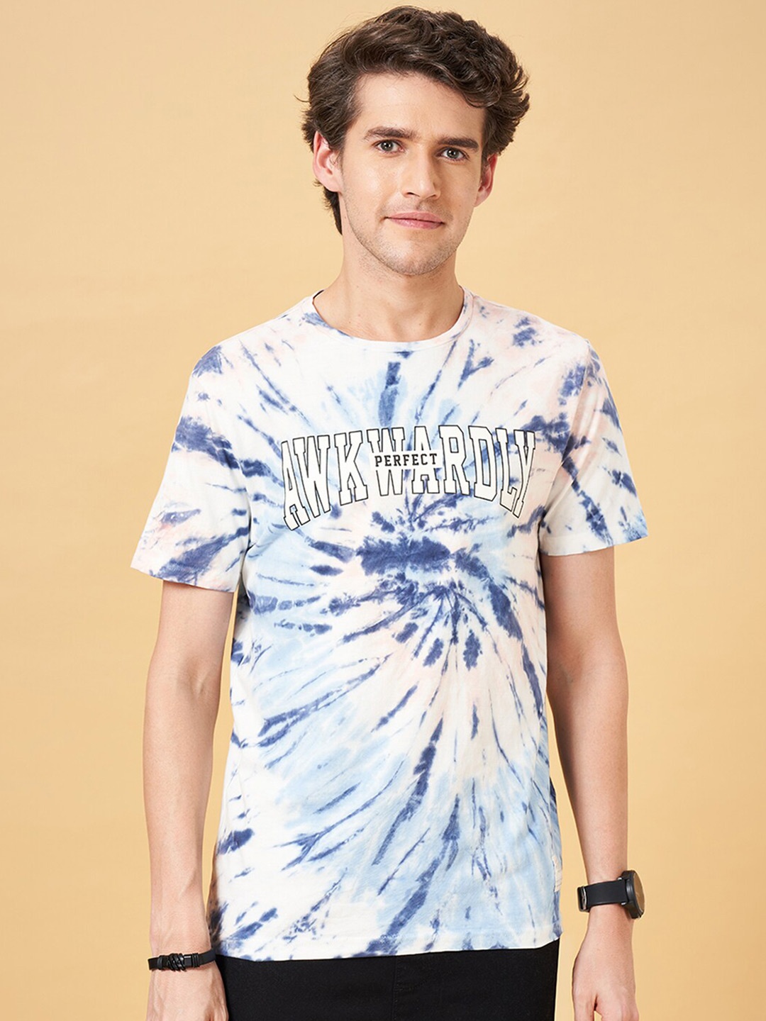 

People White Dyed Cotton Slim Fit T-shirt, Blue