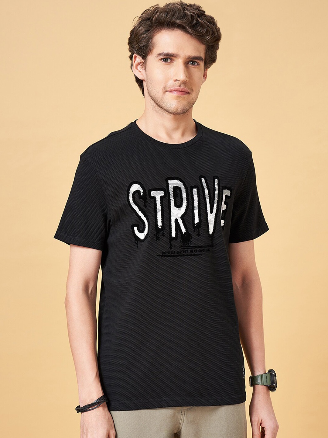 

People Black Typography Printed Cotton Slim Fit T-shirt
