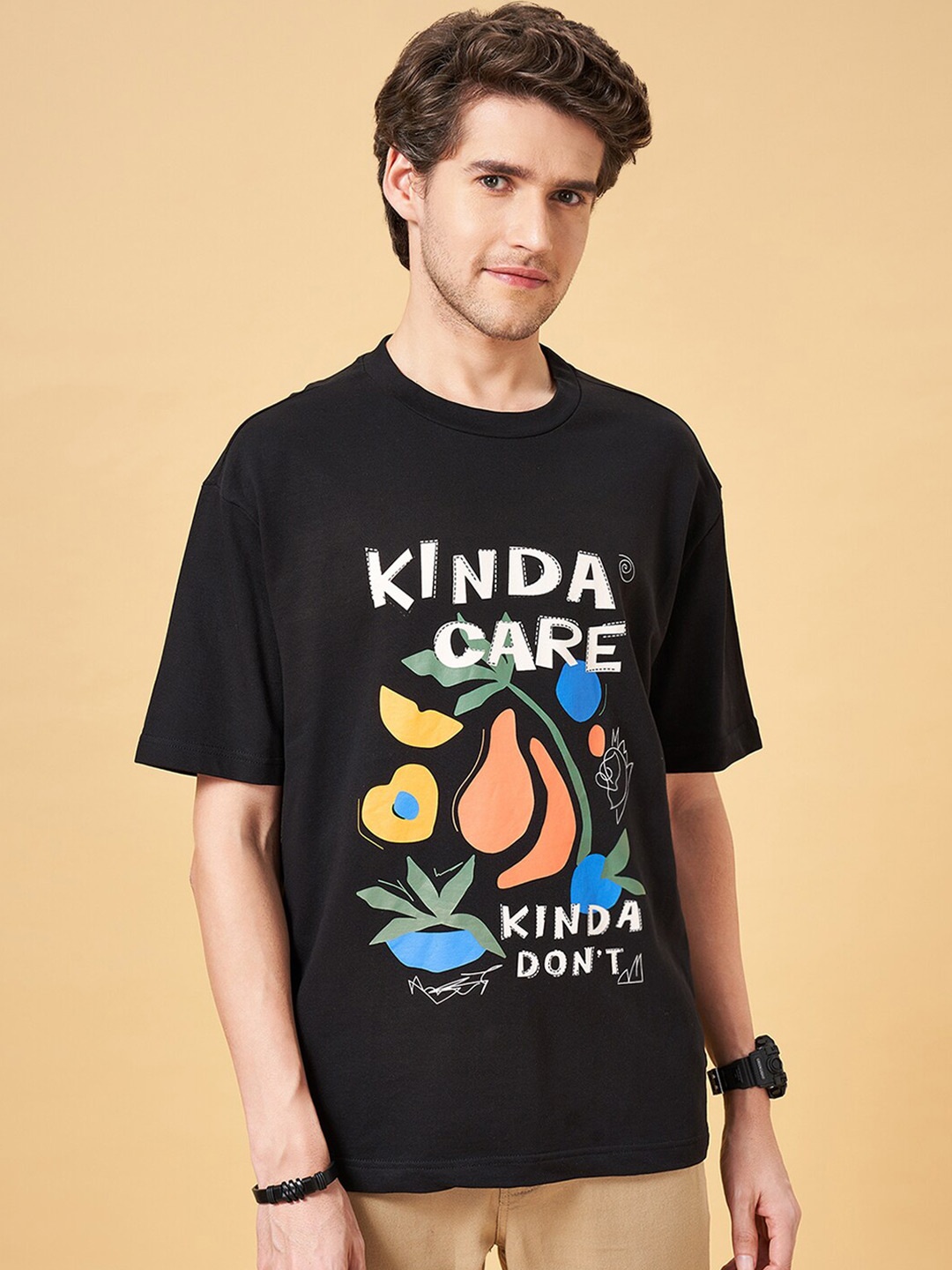 

People Black Typography Printed Cotton Relaxed Fit T-shirt