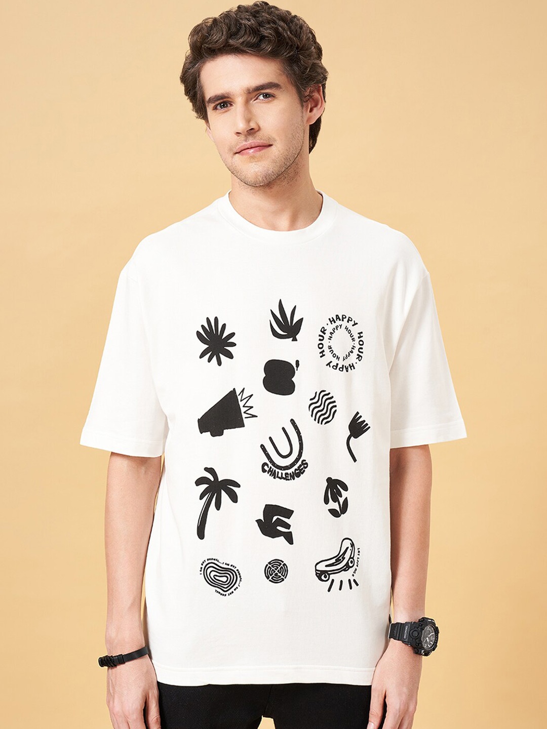 

People White & Black Graphic Printed Cotton T-Shirt