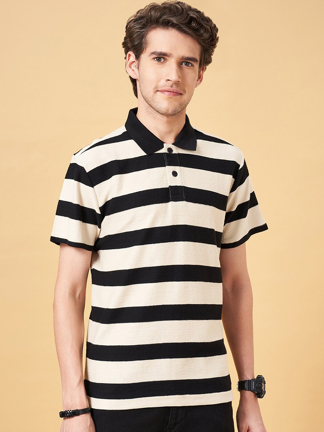 

People White Striped Polo Collar Cotton T-shirt, Black