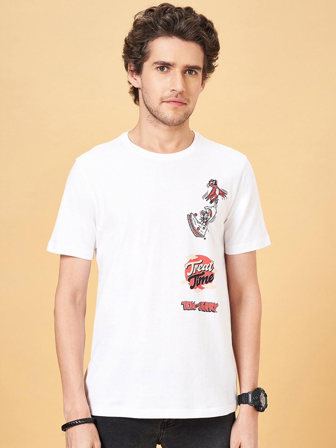 

SF JEANS by Pantaloons Tom & Jerry Printed Slim Fit Cotton T-shirt, Off white
