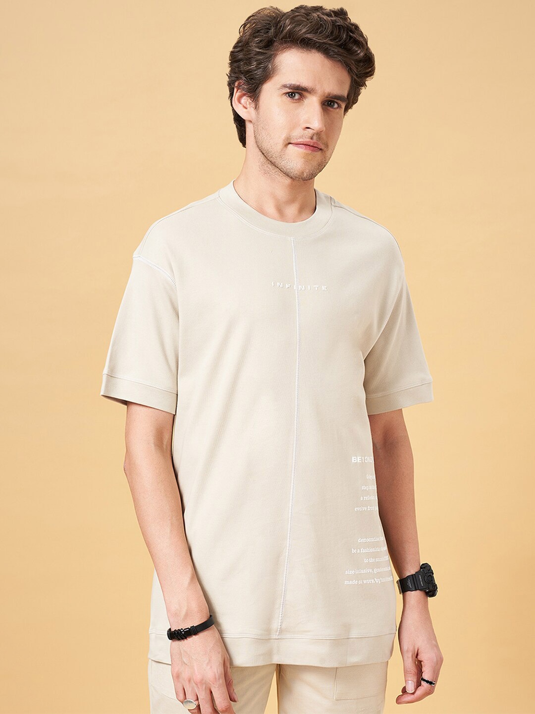 

Street 808 by Pantaloons Typography Printed Drop-Shoulder Sleeves Cotton Boxy T-shirt, Cream