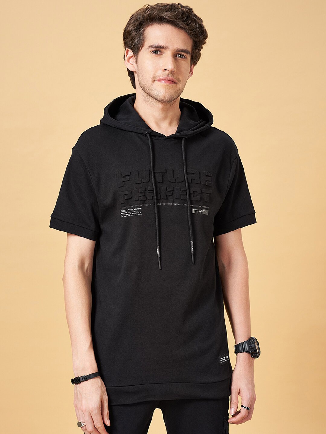 

Street 808 by Pantaloons Hooded Drop-Shoulder Sleeves Cotton Boxy T-shirt, Black