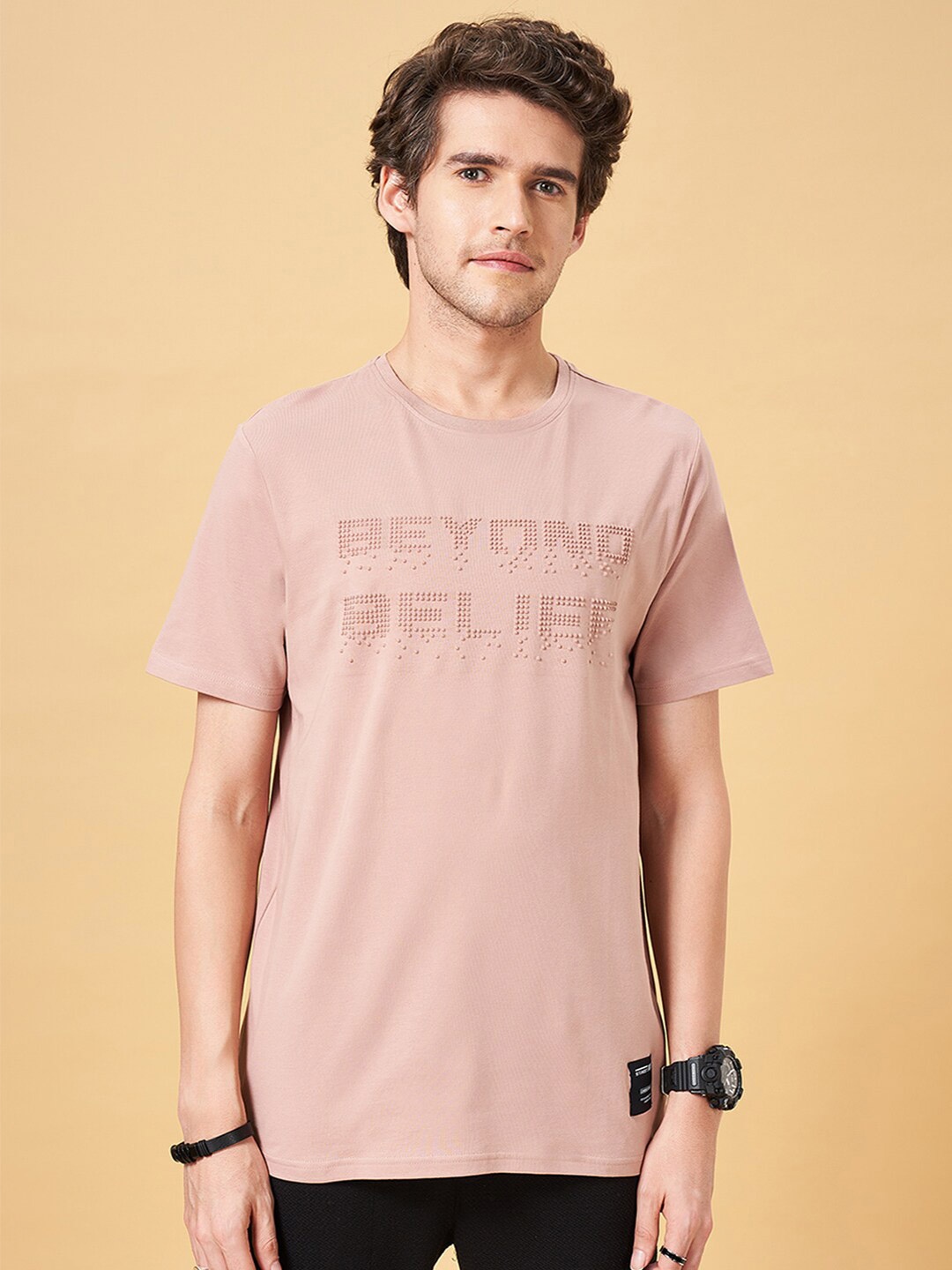 Street 808 by Pantaloons Typography Self Design Round Neck Short Sleeves T-shirt, Pink