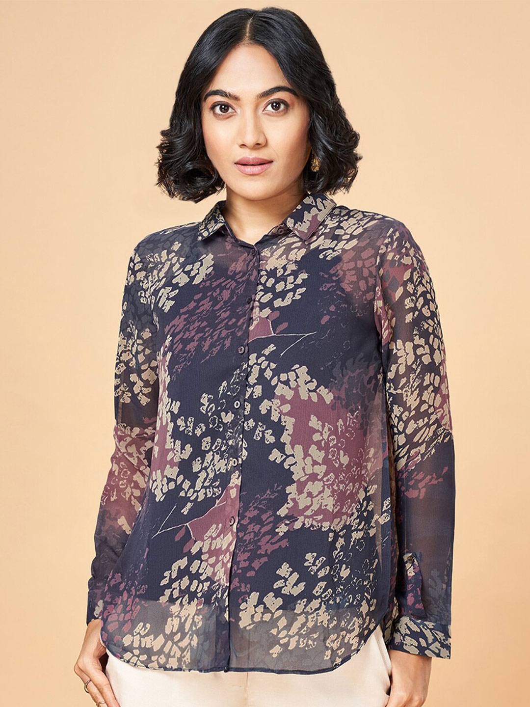 

Marigold Lane Abstract Printed Shirt Collar Long Sleeves Tunic, Red