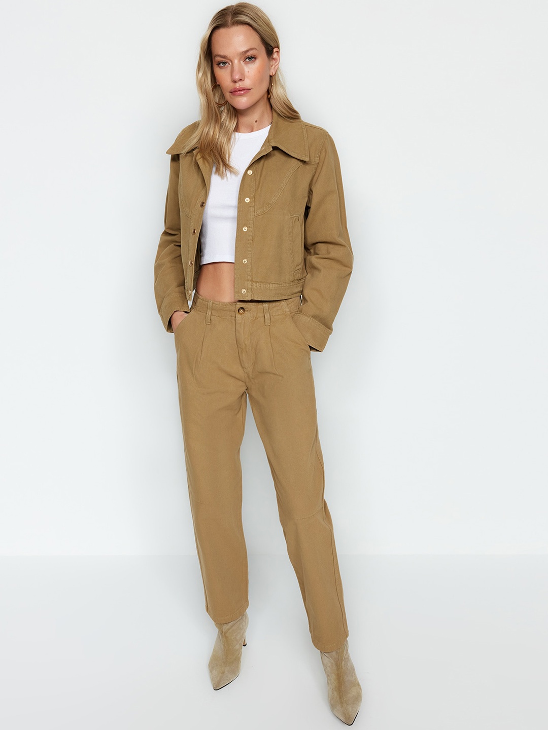 

Trendyol Spread Collar Pure Cotton Tailored Jacket, Brown