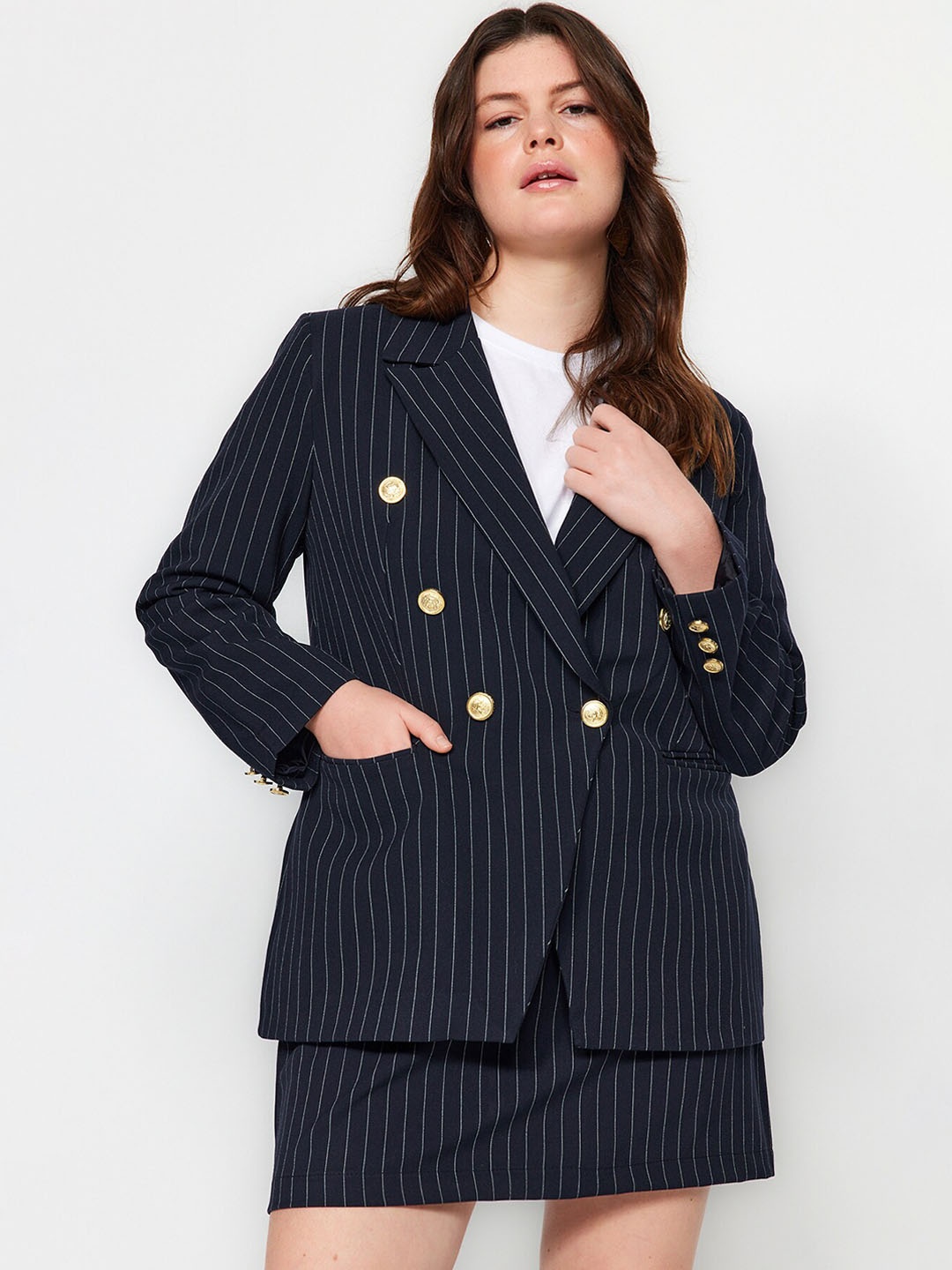 

Trendyol Striped Lapel Collar Longline Tailored Jacket, Navy blue