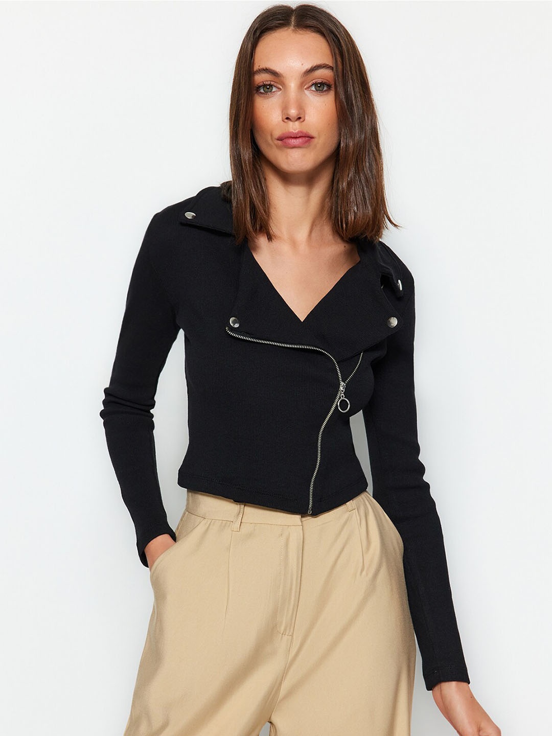 

Trendyol Long Sleeves Crop Biker Jacket, Black