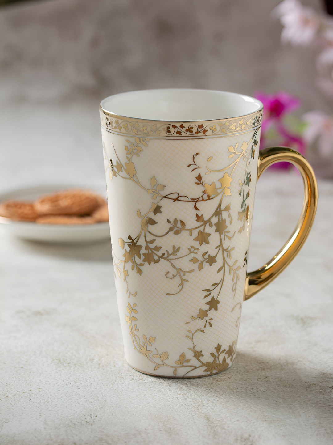 

CLAY CRAFT White & Gold-Toned Floral Printed Ceramic Glossy Mug 540 ml