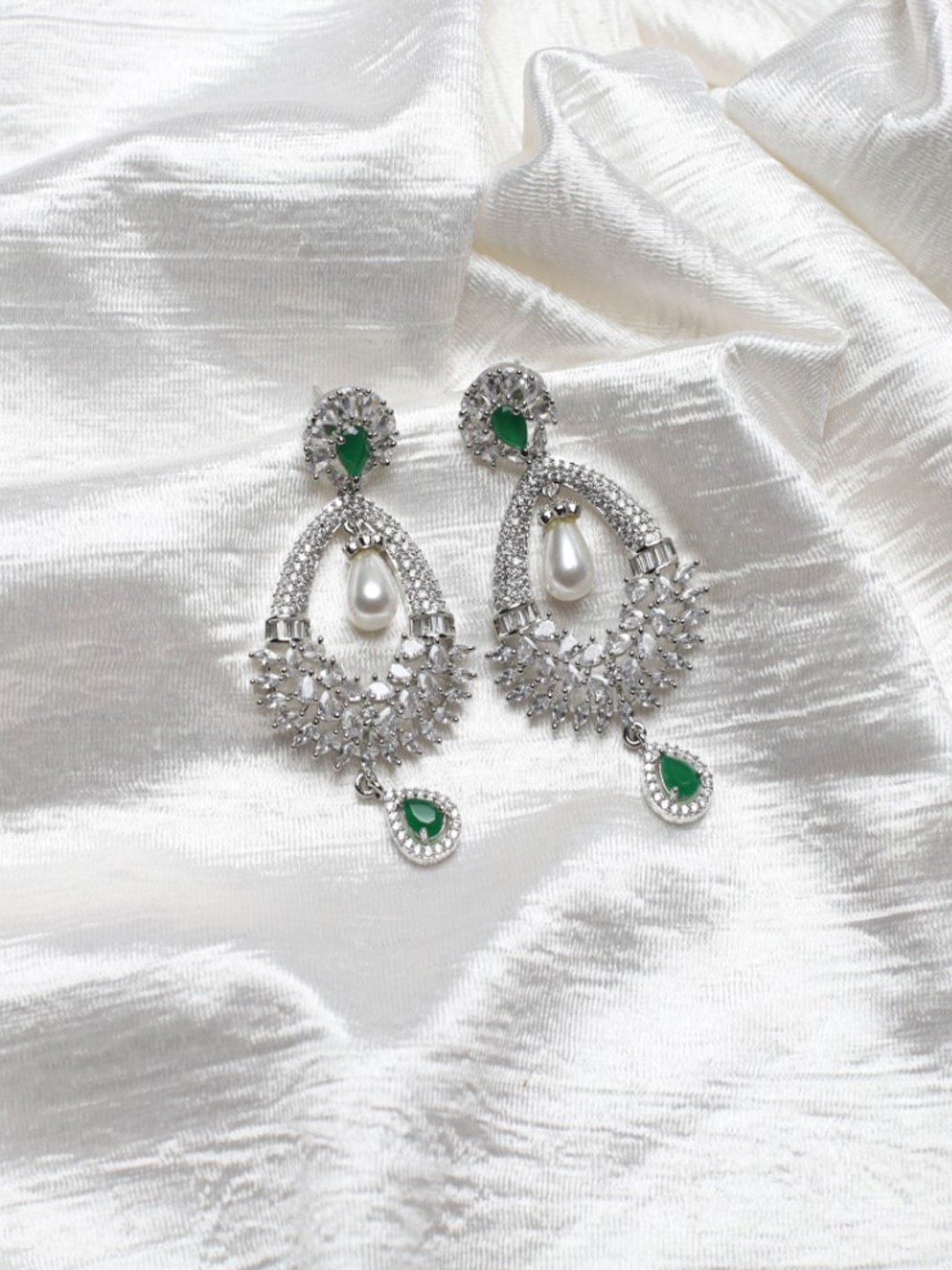 

Maansh Sterling Silver-Plated American Diamond Studded Oval Drop Earrings