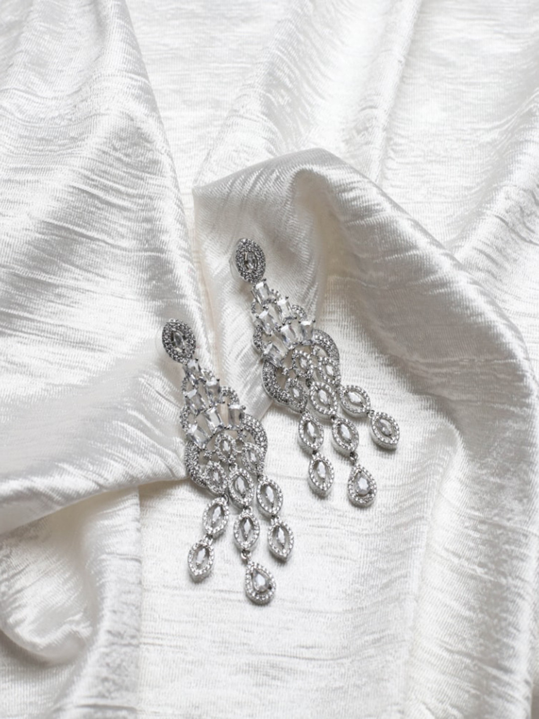 

Maansh Sterling Silver American Diamond Silver Plated Drop Earrings