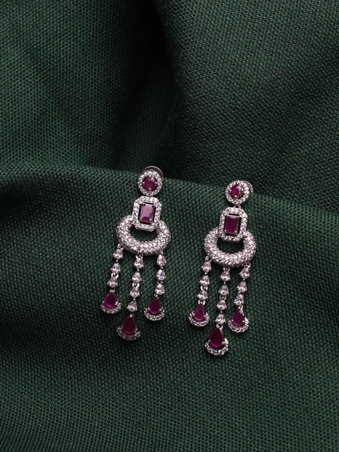 

Maansh 92.5 Sterling Silver Silver-Plated American Diamond Studded Drop Earrings