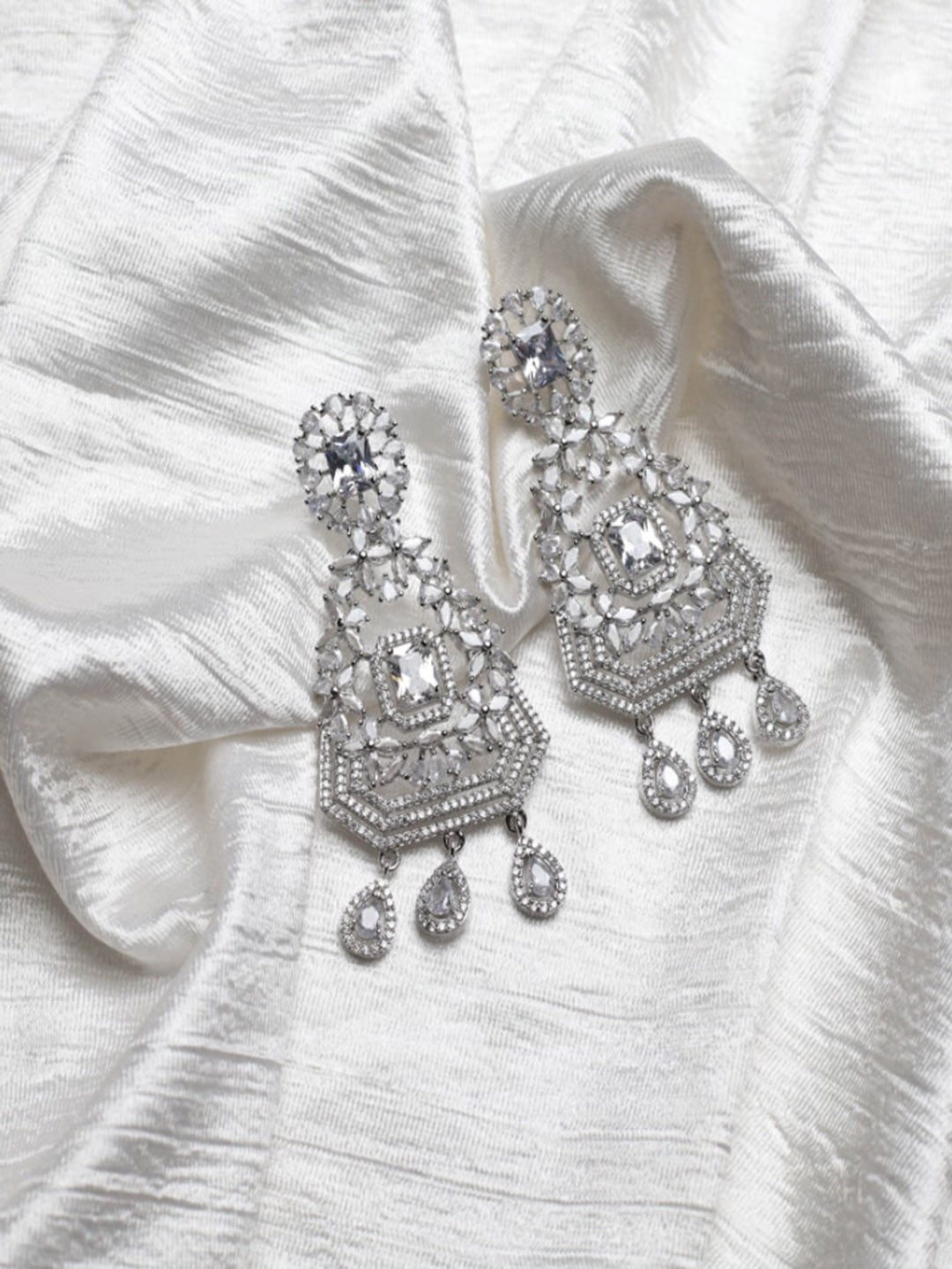 

Maansh 92.5 Sterling Silver Silver-Plated American Diamond Studded Drop Earrings, White