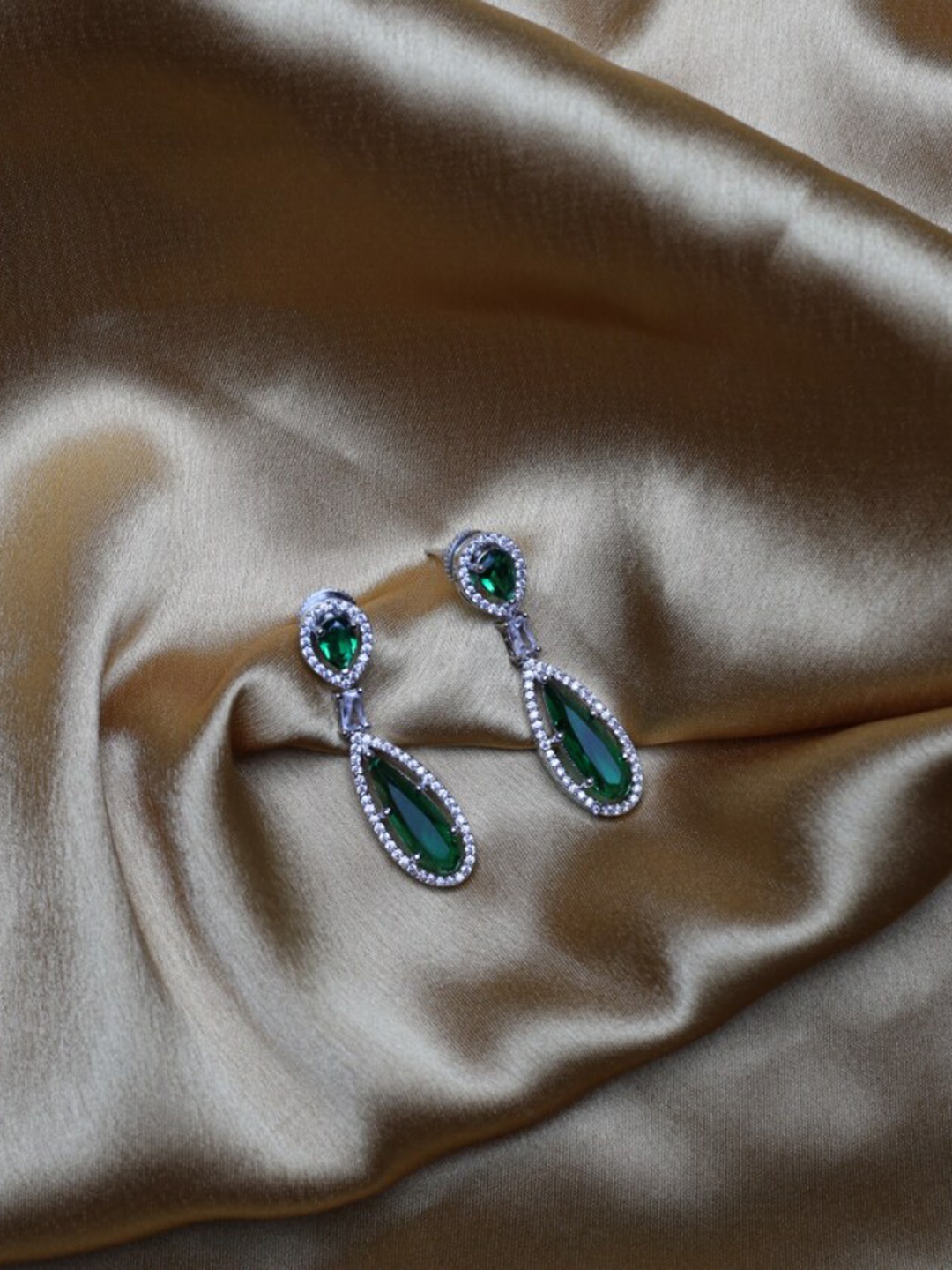 

Maansh Sterling Silver American Diamond Drop Earrings, Green