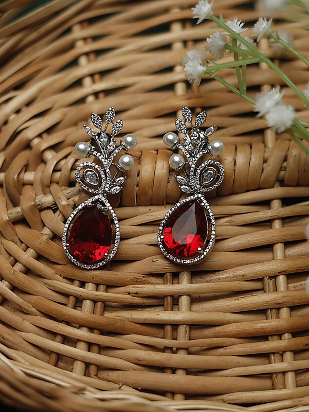 

Maansh Silver-Plated American Diamond-Studded Drop Earrings, Red