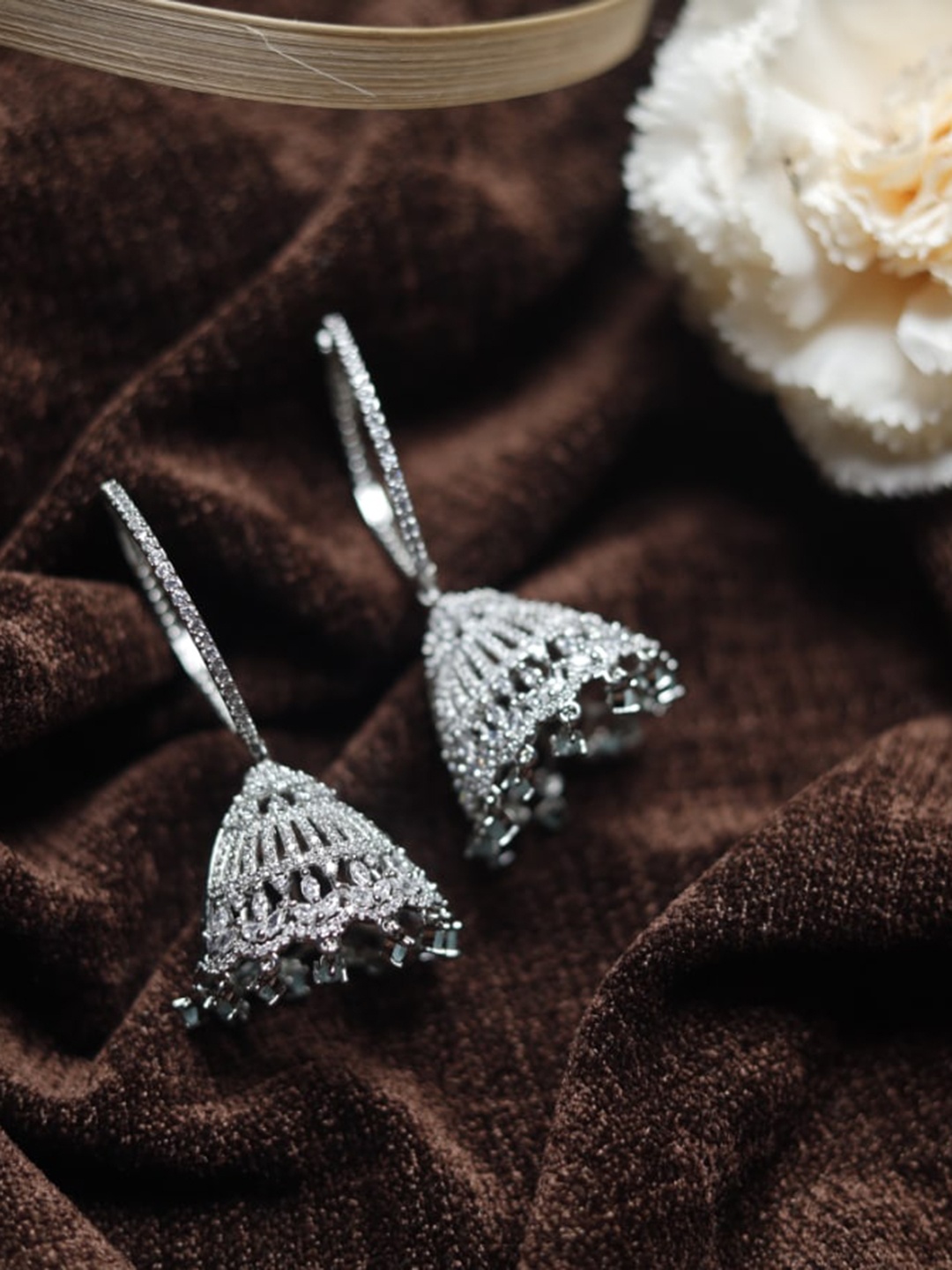 

Maansh Silver Plated American Diamond Dome Shaped Jhumkas