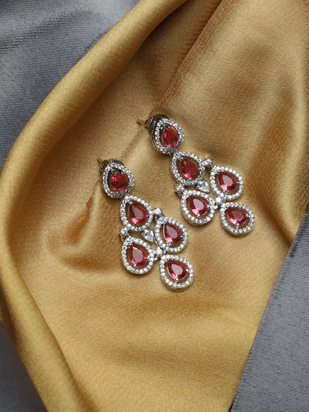 

Maansh 92.5 Sterling Silver Silver-Plated American Diamond Studded Drop Earrings