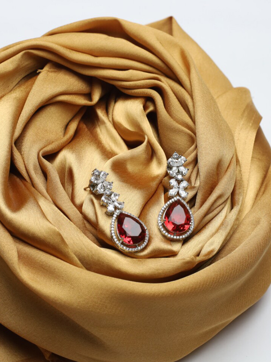 

Maansh Sterling Silver American Diamond Drop Earrings, Red