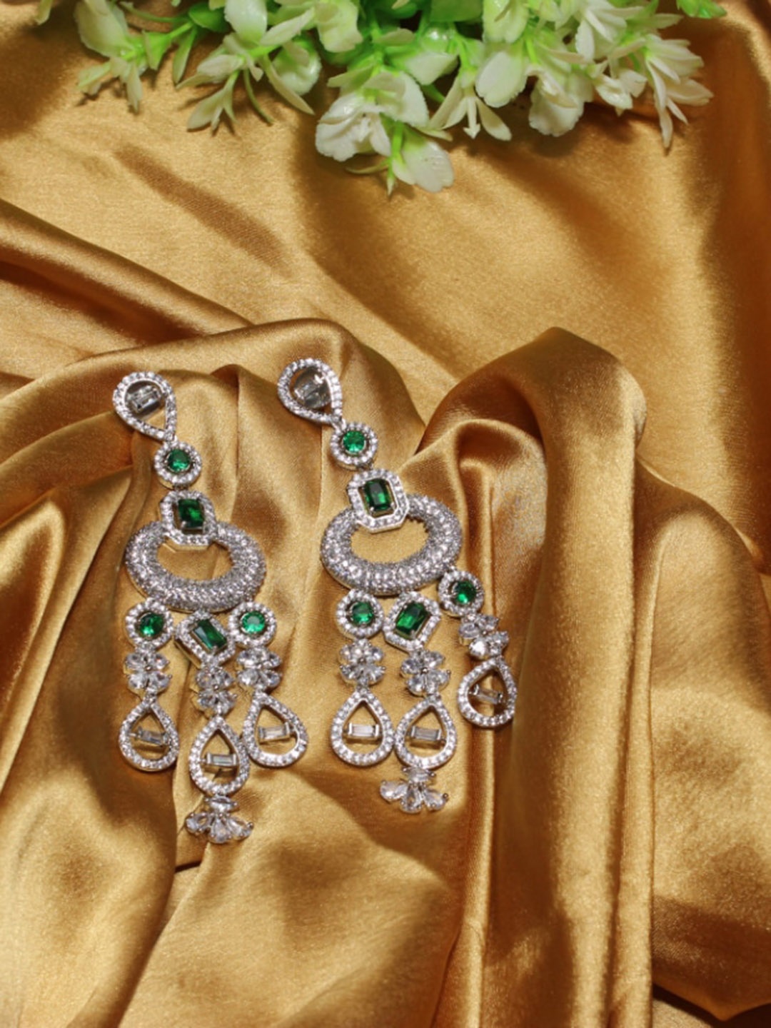 

Maansh Sterling Silver American Diamond Drop Earrings, Green