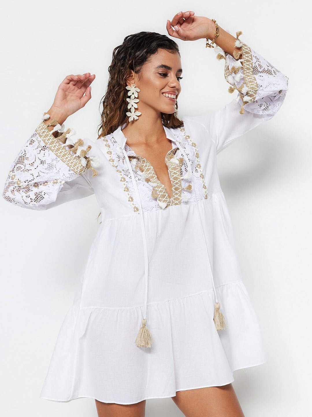 

Trendyol Self Design Tie Up Neck Pure Cotton A-Line Mini Dress, White