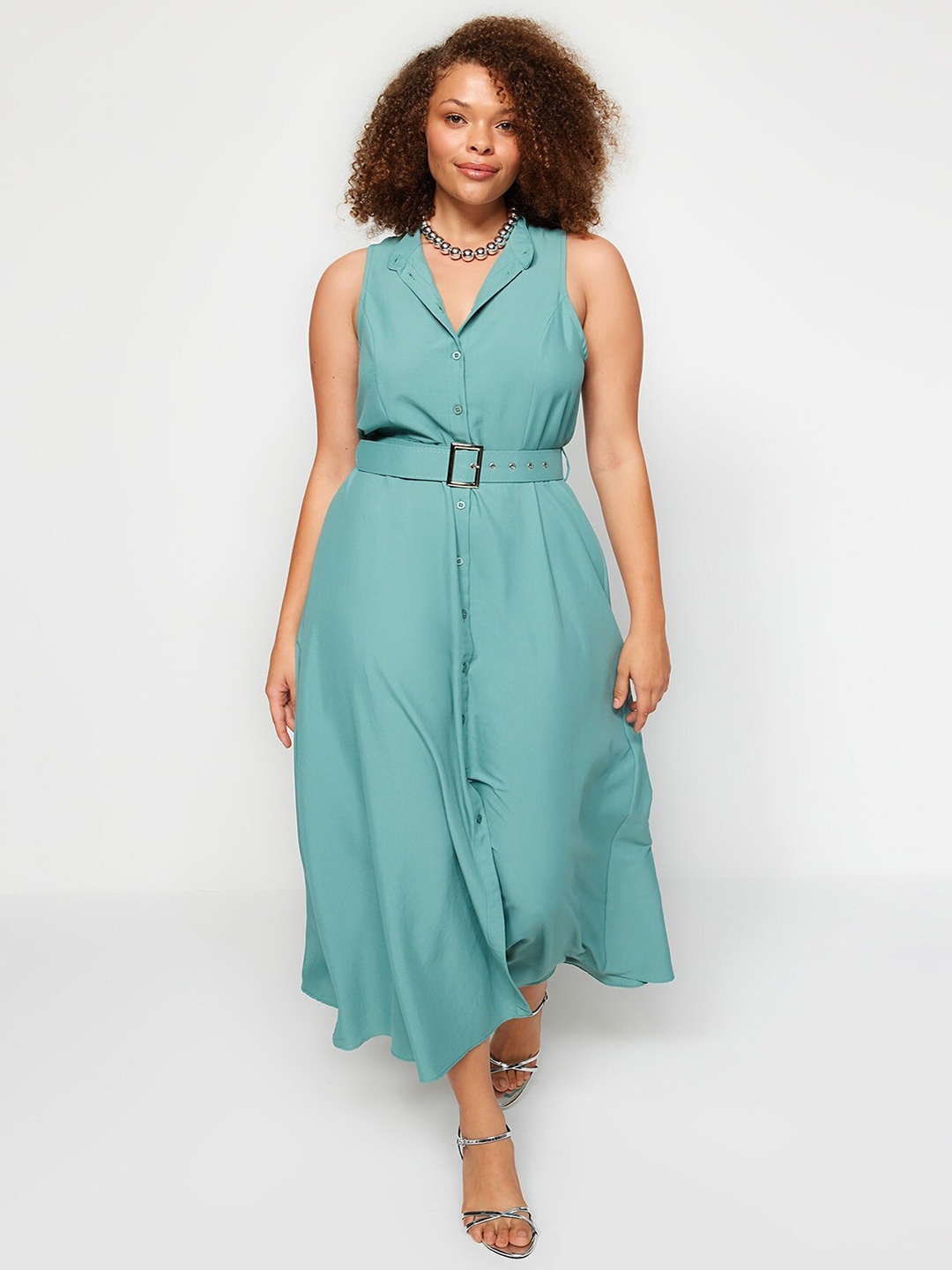 

Trendyol Plus Size Shirt Collar Midi Dress, Sea green
