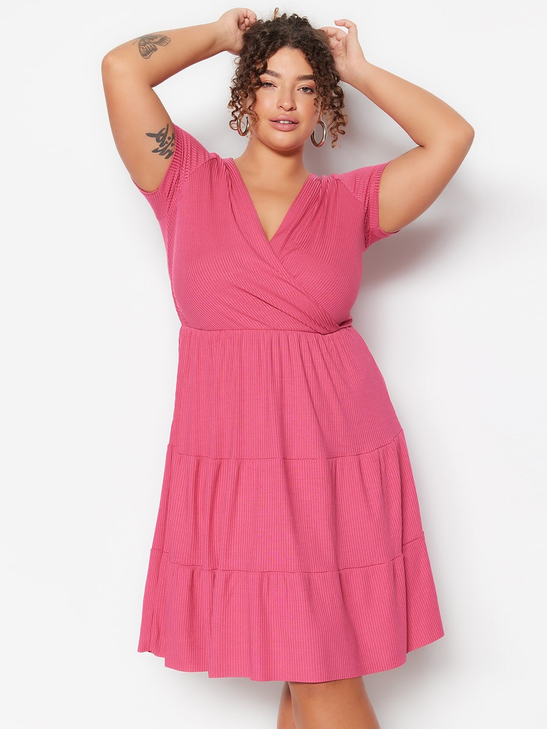 

Trendyol Plus Size V-Neck Fit & Flare Dress, Pink