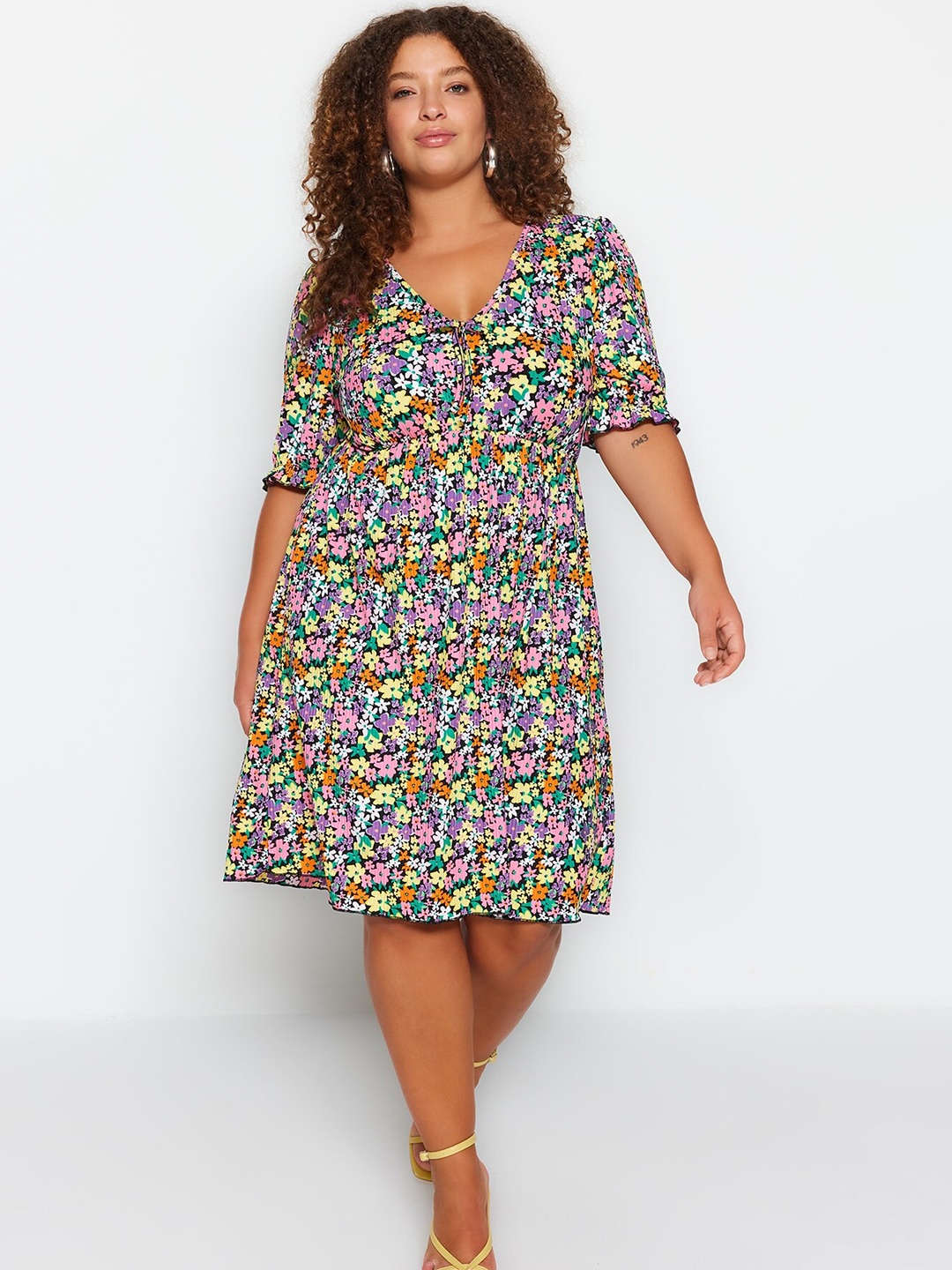 

Trendyol Plus Size Floral Printed Fit & Flare Dress, Orange